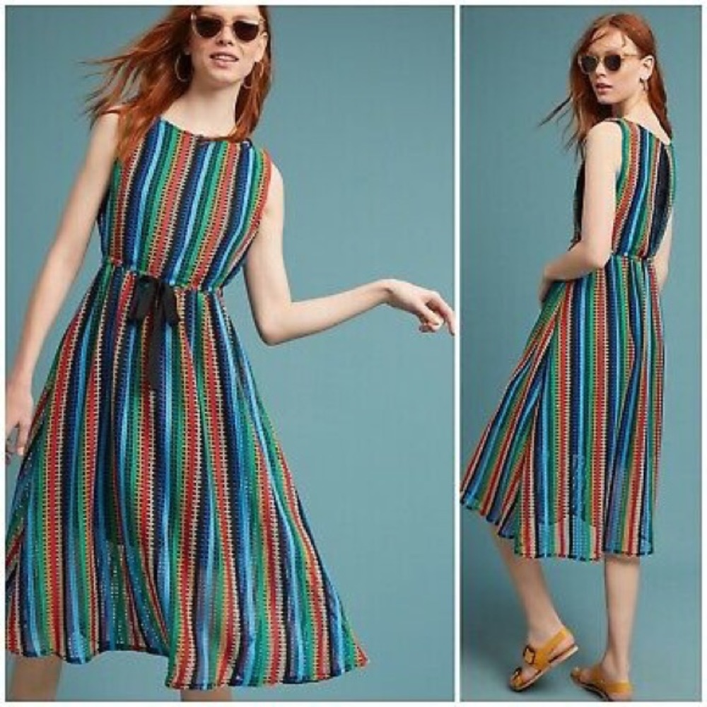 Eva Franco Rainbow Striped Crochet Midi Dress